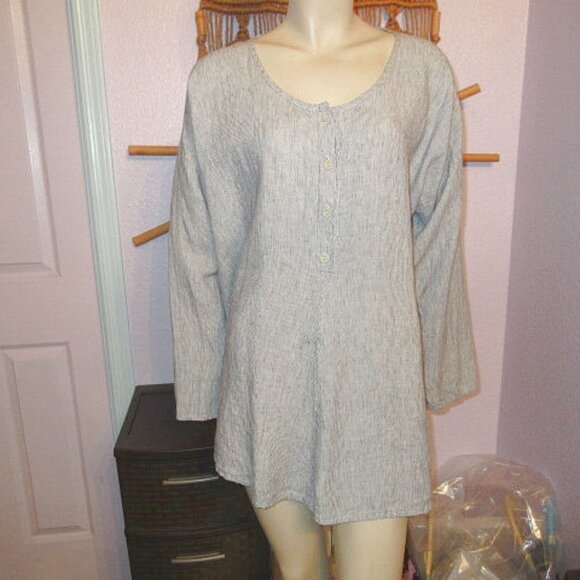 Flax Linen Tunic Top Size 1X 1G Long Sleeves Button Up Striped Lagonlook Coastal - Picture 1 of 10